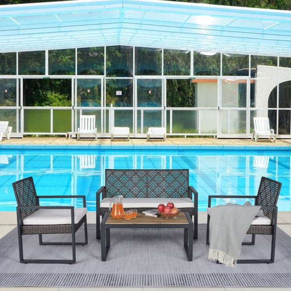 English Elm 4-Piece Outdoor Conversation Set PE Rattan Steel Frame Acacia Wood Patio Seating W2391P149819