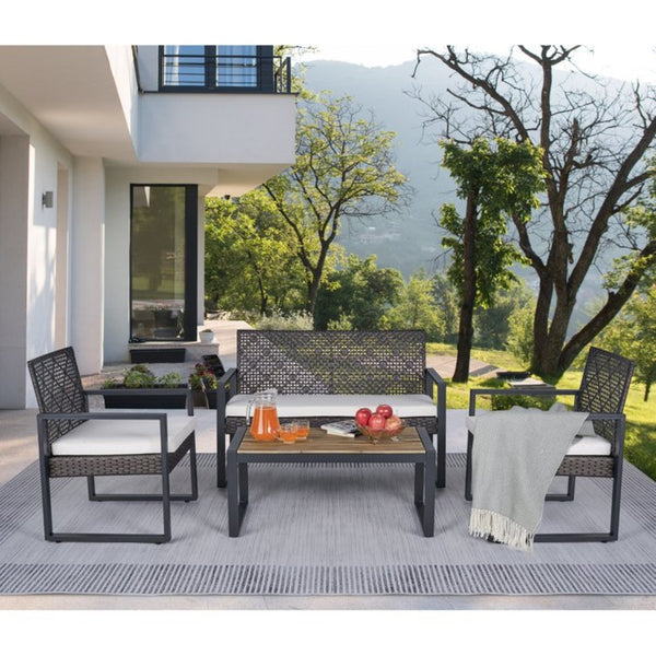 English Elm 4-Piece Outdoor Conversation Set PE Rattan Steel Frame Acacia Wood Patio Seating W2391P149819