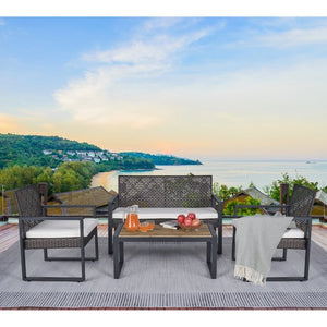 English Elm 4-Piece Outdoor Conversation Set PE Rattan Steel Frame Acacia Wood Patio Seating W2391P149819