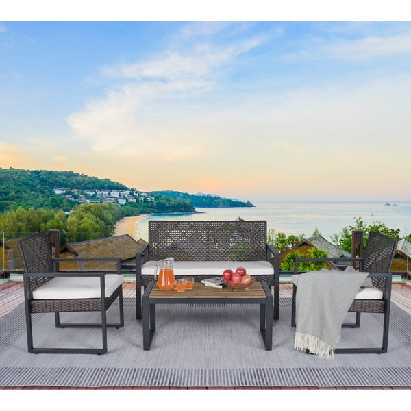 English Elm 4-Piece Outdoor Conversation Set PE Rattan Steel Frame Acacia Wood Patio Seating W2391P149819
