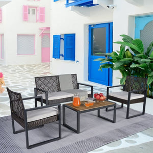 English Elm 4-Piece Outdoor Conversation Set PE Rattan Steel Frame Acacia Wood Patio Seating W2391P149819