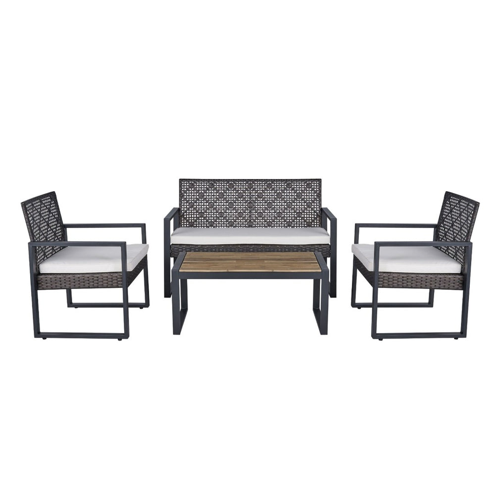 English Elm 4-Piece Outdoor Conversation Set PE Rattan Steel Frame Acacia Wood Patio Seating W2391P149819