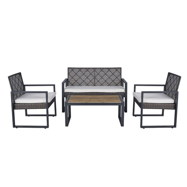 English Elm 4-Piece Outdoor Conversation Set PE Rattan Steel Frame Acacia Wood Patio Seating W2391P149819
