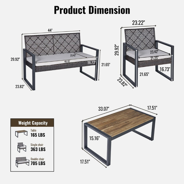 English Elm 4-Piece Outdoor Conversation Set PE Rattan Steel Frame Acacia Wood Patio Seating W2391P149819