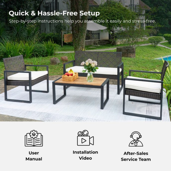 English Elm 4-Piece Outdoor Conversation Set PE Rattan Steel Frame Acacia Wood Patio Seating W2391P149819