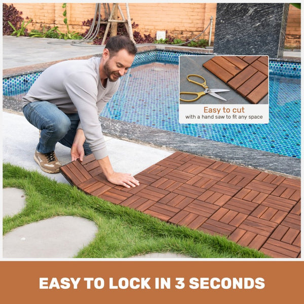 English Elm Acacia Hardwood Interlocking Deck Tiles Checker Pattern Waterproof Outdoor Patio Floor W2391P160126