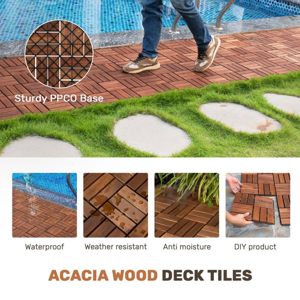 English Elm Acacia Hardwood Interlocking Deck Tiles Checker Pattern Waterproof Outdoor Patio Floor W2391P160126