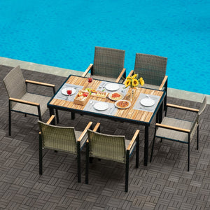 English Elm All Weather Seven Piece Acacia Wood Rattan Outdoor Dining Set with Umbrella Port W2391S00002