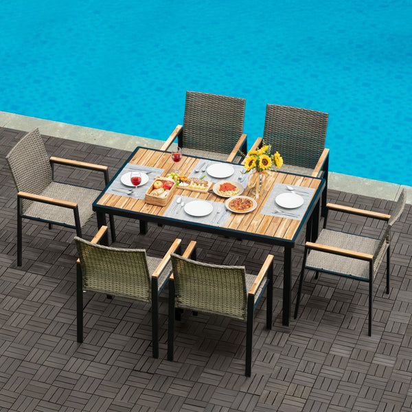 English Elm All Weather Seven Piece Acacia Wood Rattan Outdoor Dining Set with Umbrella Port W2391S00002