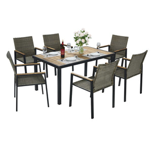 English Elm All Weather Seven Piece Acacia Wood Rattan Outdoor Dining Set with Umbrella Port W2391S00002