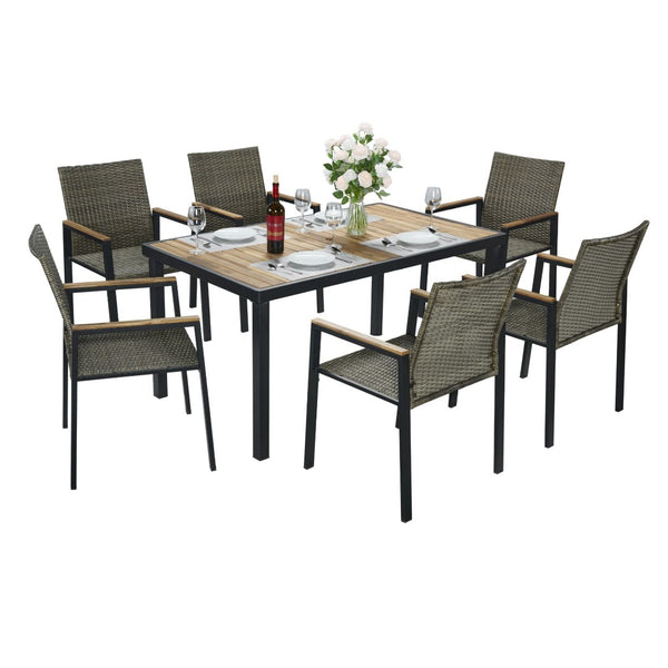 English Elm All Weather Seven Piece Acacia Wood Rattan Outdoor Dining Set with Umbrella Port W2391S00002