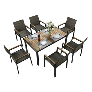 English Elm All Weather Seven Piece Acacia Wood Rattan Outdoor Dining Set with Umbrella Port W2391S00002