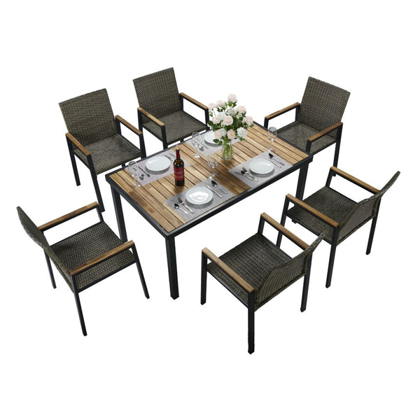 English Elm All Weather Seven Piece Acacia Wood Rattan Outdoor Dining Set with Umbrella Port W2391S00002