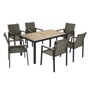 English Elm All Weather Seven Piece Acacia Wood Rattan Outdoor Dining Set with Umbrella Port W2391S00002