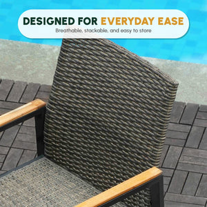 English Elm All Weather Seven Piece Acacia Wood Rattan Outdoor Dining Set with Umbrella Port W2391S00002