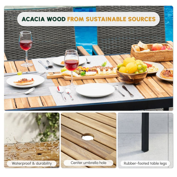 English Elm All Weather Seven Piece Acacia Wood Rattan Outdoor Dining Set with Umbrella Port W2391S00002
