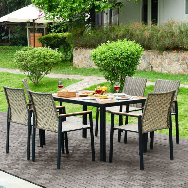 English Elm All Weather Seven Piece Acacia Wood Rattan Outdoor Dining Set with Umbrella Port W2391S00002