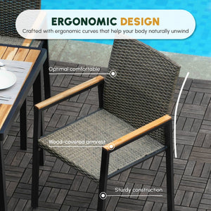 English Elm All Weather Seven Piece Acacia Wood Rattan Outdoor Dining Set with Umbrella Port W2391S00002