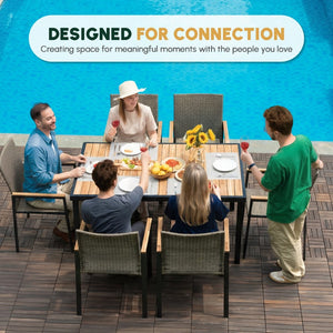 English Elm All Weather Seven Piece Acacia Wood Rattan Outdoor Dining Set with Umbrella Port W2391S00002