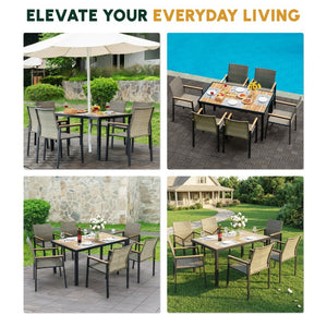 English Elm All Weather Seven Piece Acacia Wood Rattan Outdoor Dining Set with Umbrella Port W2391S00002