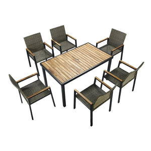 English Elm All Weather Seven Piece Acacia Wood Rattan Outdoor Dining Set with Umbrella Port W2391S00002