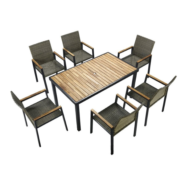 English Elm All Weather Seven Piece Acacia Wood Rattan Outdoor Dining Set with Umbrella Port W2391S00002
