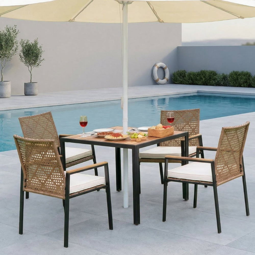 English Elm All Weather Acacia Wood Rattan 5 Piece Outdoor Dining Set with Umbrella Ready Table Yellow W2391S00003
