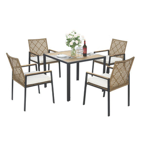 English Elm All Weather Acacia Wood Rattan 5 Piece Outdoor Dining Set with Umbrella Ready Table Yellow W2391S00003