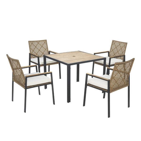 English Elm All Weather Acacia Wood Rattan 5 Piece Outdoor Dining Set with Umbrella Ready Table Yellow W2391S00003