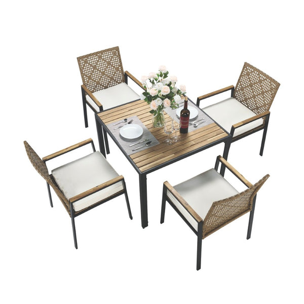 English Elm All Weather Acacia Wood Rattan 5 Piece Outdoor Dining Set with Umbrella Ready Table Yellow W2391S00003