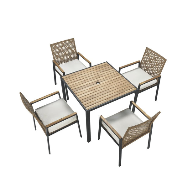 English Elm All Weather Acacia Wood Rattan 5 Piece Outdoor Dining Set with Umbrella Ready Table Yellow W2391S00003