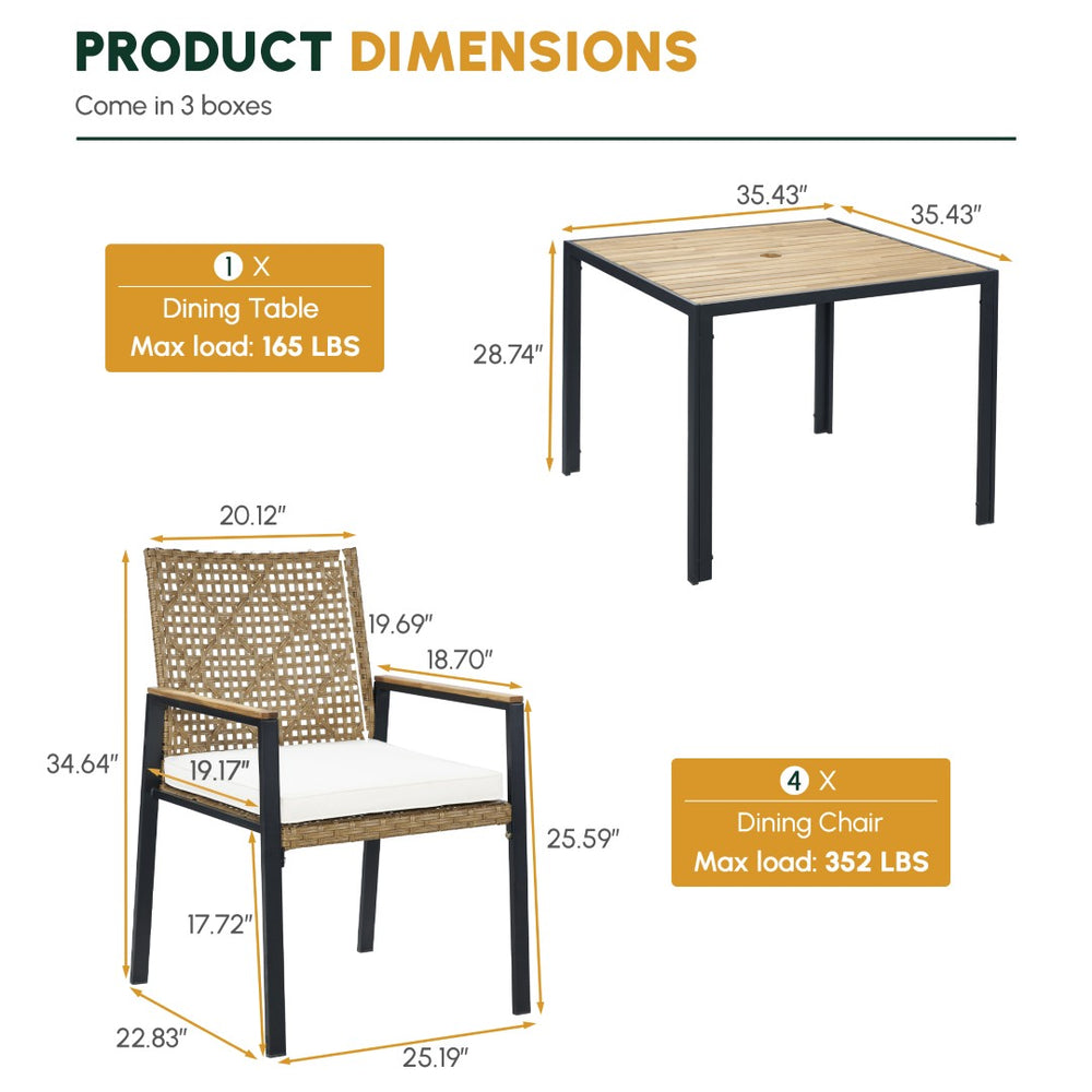 English Elm All Weather Acacia Wood Rattan 5 Piece Outdoor Dining Set with Umbrella Ready Table Yellow W2391S00003