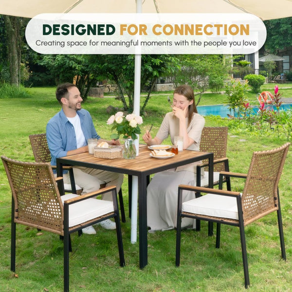 English Elm All Weather Acacia Wood Rattan 5 Piece Outdoor Dining Set with Umbrella Ready Table Yellow W2391S00003