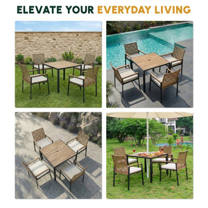 English Elm All Weather Acacia Wood Rattan 5 Piece Outdoor Dining Set with Umbrella Ready Table Yellow W2391S00003