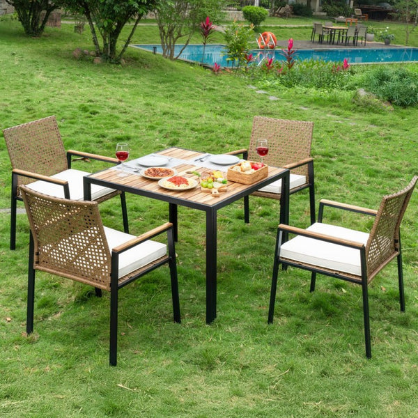 English Elm All Weather Acacia Wood Rattan 5 Piece Outdoor Dining Set with Umbrella Ready Table Yellow W2391S00003