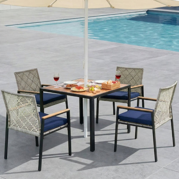 English Elm All Weather Acacia Wood Rattan 5 Piece Outdoor Dining Set with Umbrella Ready Table Light Gray W2391S00004