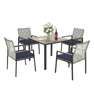 English Elm All Weather Acacia Wood Rattan 5 Piece Outdoor Dining Set with Umbrella Ready Table Light Gray W2391S00004