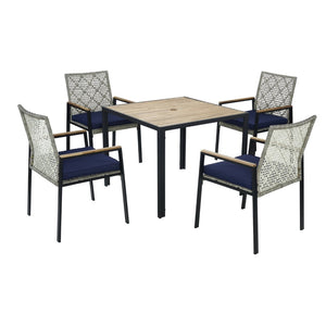 English Elm All Weather Acacia Wood Rattan 5 Piece Outdoor Dining Set with Umbrella Ready Table Light Gray W2391S00004
