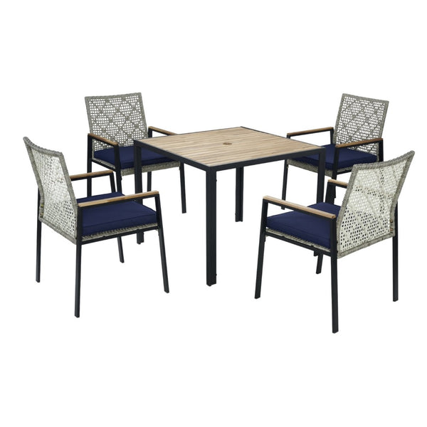 English Elm All Weather Acacia Wood Rattan 5 Piece Outdoor Dining Set with Umbrella Ready Table Light Gray W2391S00004