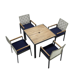 English Elm All Weather Acacia Wood Rattan 5 Piece Outdoor Dining Set with Umbrella Ready Table Light Gray W2391S00004