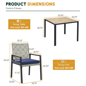 English Elm All Weather Acacia Wood Rattan 5 Piece Outdoor Dining Set with Umbrella Ready Table Light Gray W2391S00004