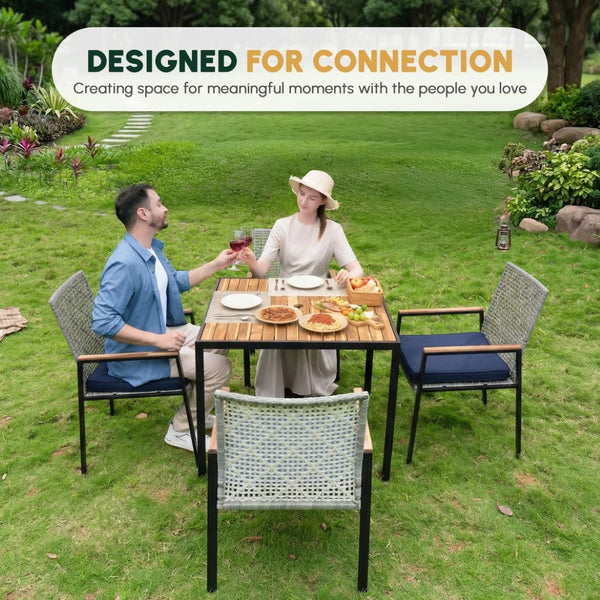 English Elm All Weather Acacia Wood Rattan 5 Piece Outdoor Dining Set with Umbrella Ready Table Light Gray W2391S00004