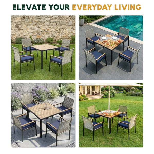 English Elm All Weather Acacia Wood Rattan 5 Piece Outdoor Dining Set with Umbrella Ready Table Light Gray W2391S00004
