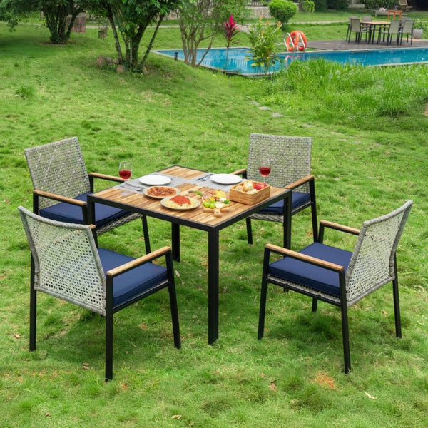English Elm All Weather Acacia Wood Rattan 5 Piece Outdoor Dining Set with Umbrella Ready Table Light Gray W2391S00004