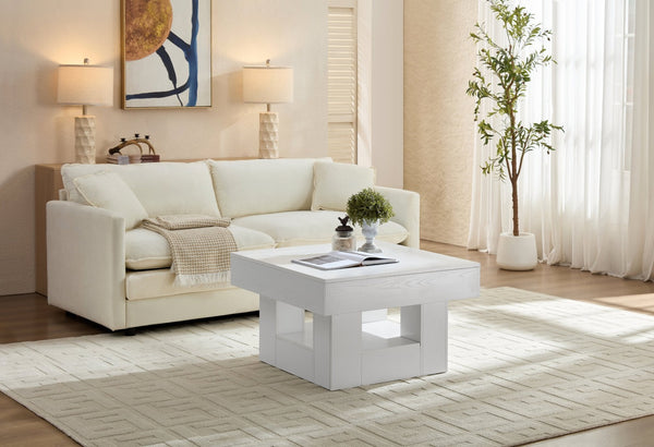 English Elm Rustic Square Coffee Table Scalloped Edge Low Profile Mid-century Living Room Accent White W2393P335845