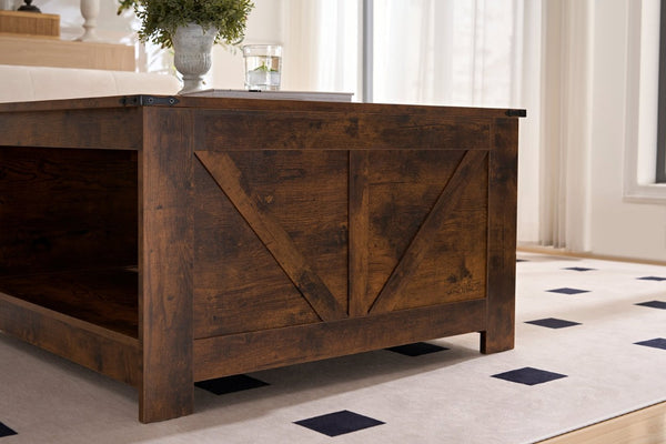 English Elm Coffee Table Square Rustic Wood Farmhouse Design with Semi Open Storage for Living Room W2393P361552