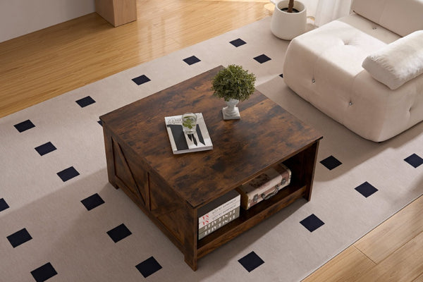 English Elm Coffee Table Square Rustic Wood Farmhouse Design with Semi Open Storage for Living Room W2393P361552