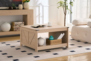 English Elm Coffee Table Square Rustic Wood Farmhouse Design with Half Open Storage Compartment Cream W2393P361558