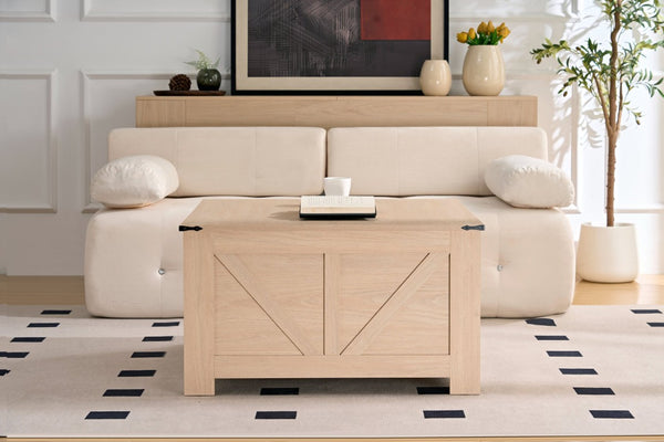 English Elm Coffee Table Square Rustic Wood Farmhouse Design with Half Open Storage Compartment Cream W2393P361558