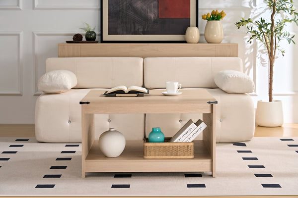 English Elm Coffee Table Square Rustic Wood Farmhouse Design with Half Open Storage Compartment Cream W2393P361558
